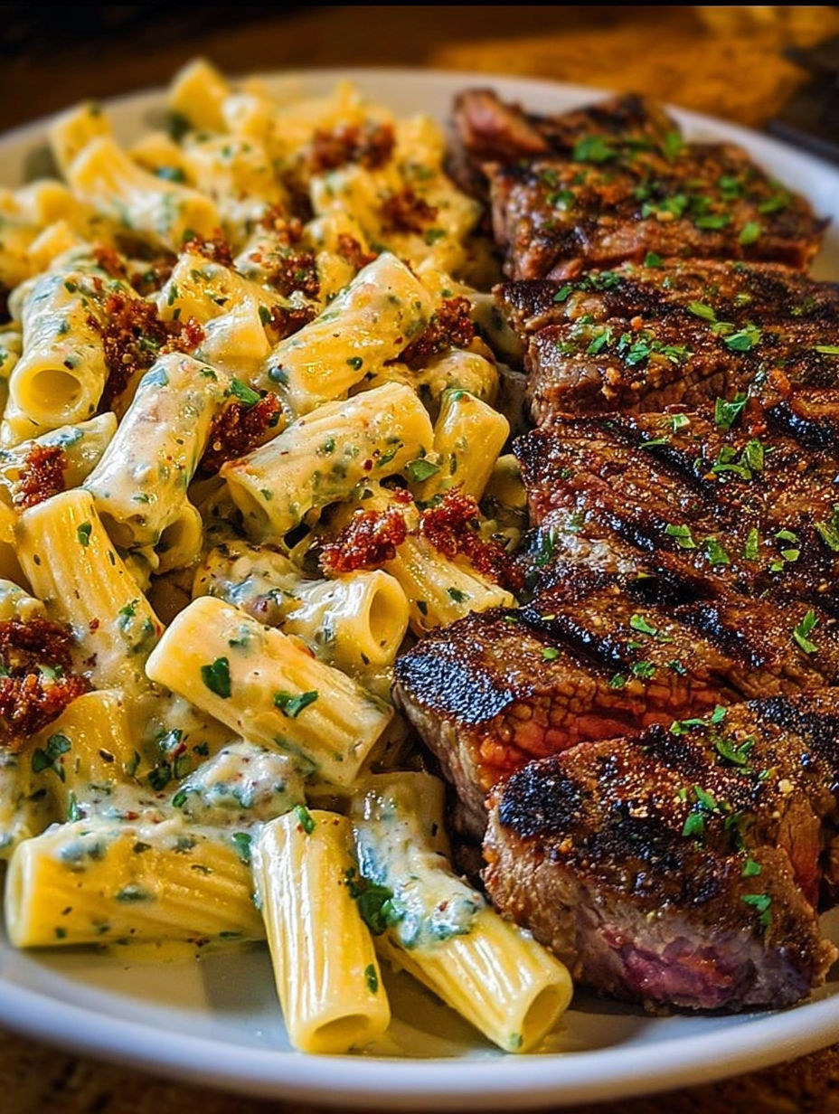 A plate of food with a steak and pasta.