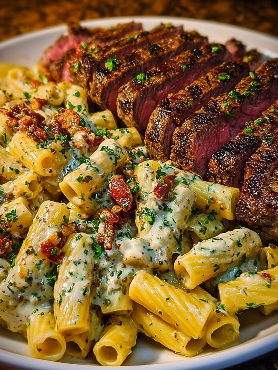 A plate of food with a steak and pasta.