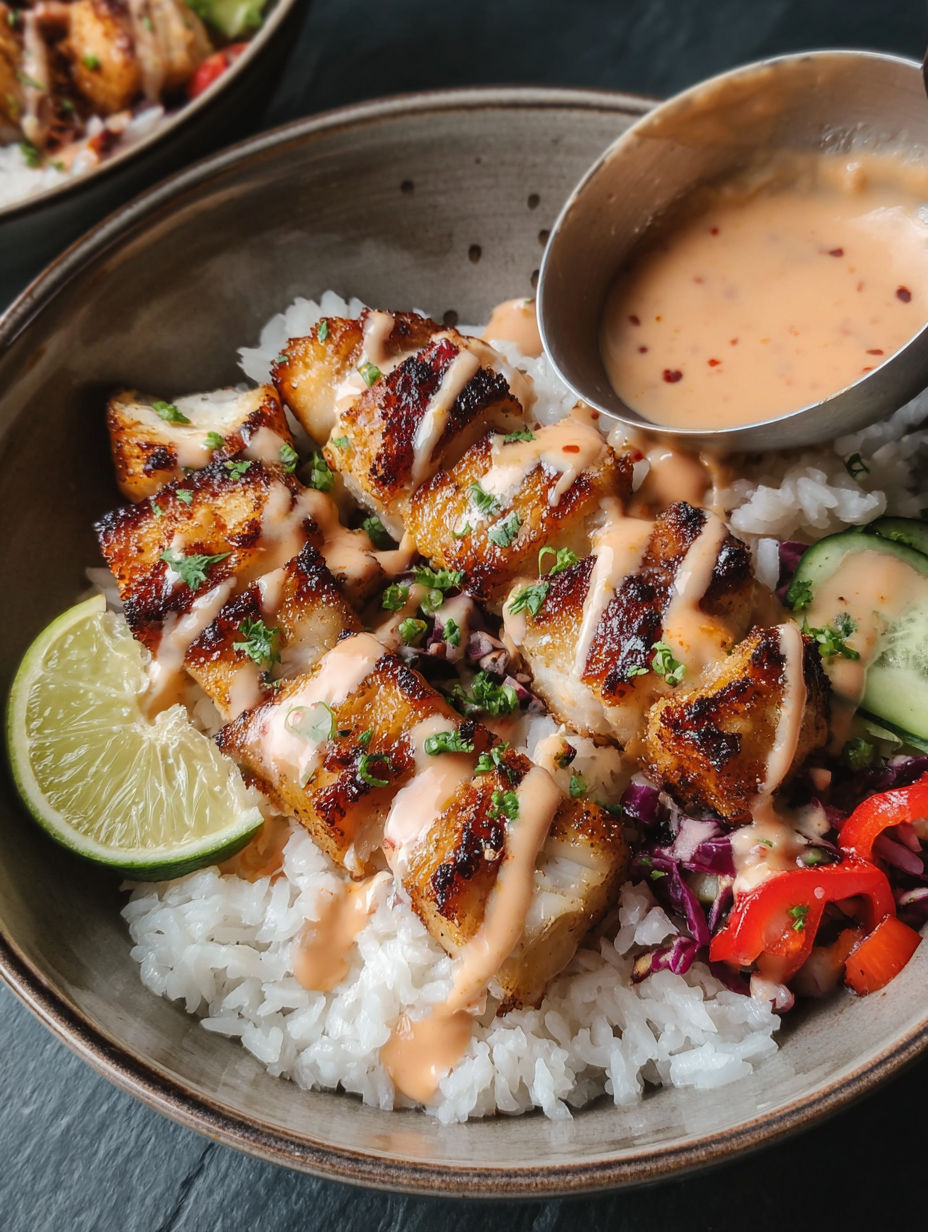 A bowl of Sweet Chili Chicken with Coconut Lime Drizzle.