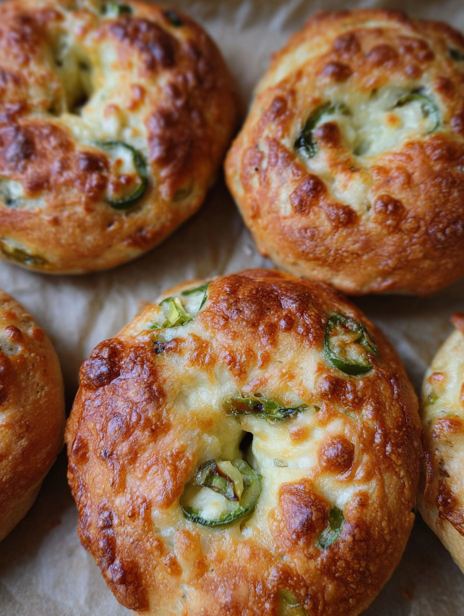 A close up of a baked bread with green peppers.