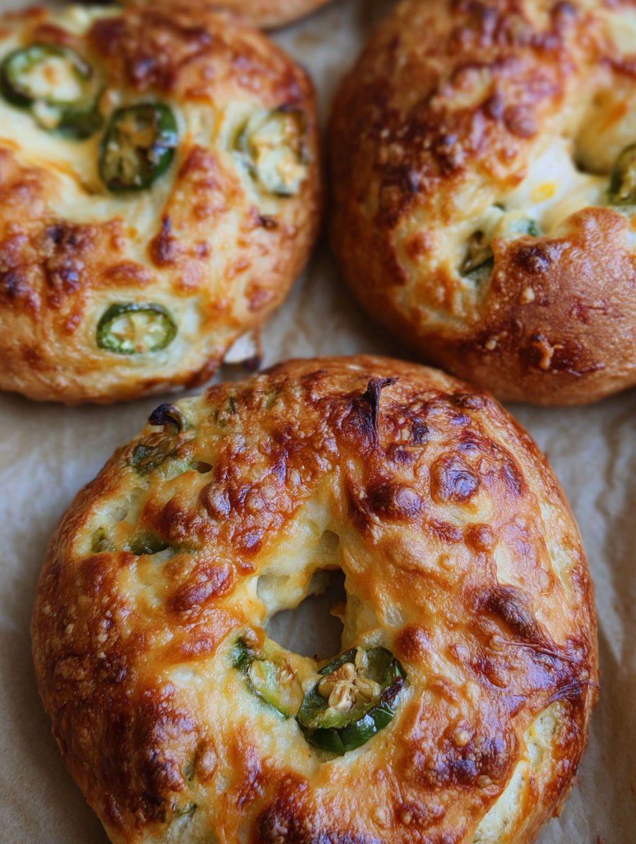 A close up of a bagel with jalapenos.