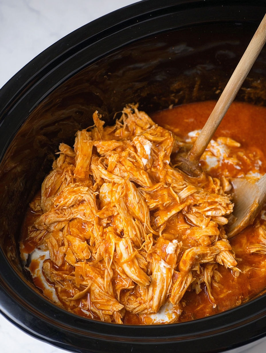 A crockpot filled with chicken and sauce.