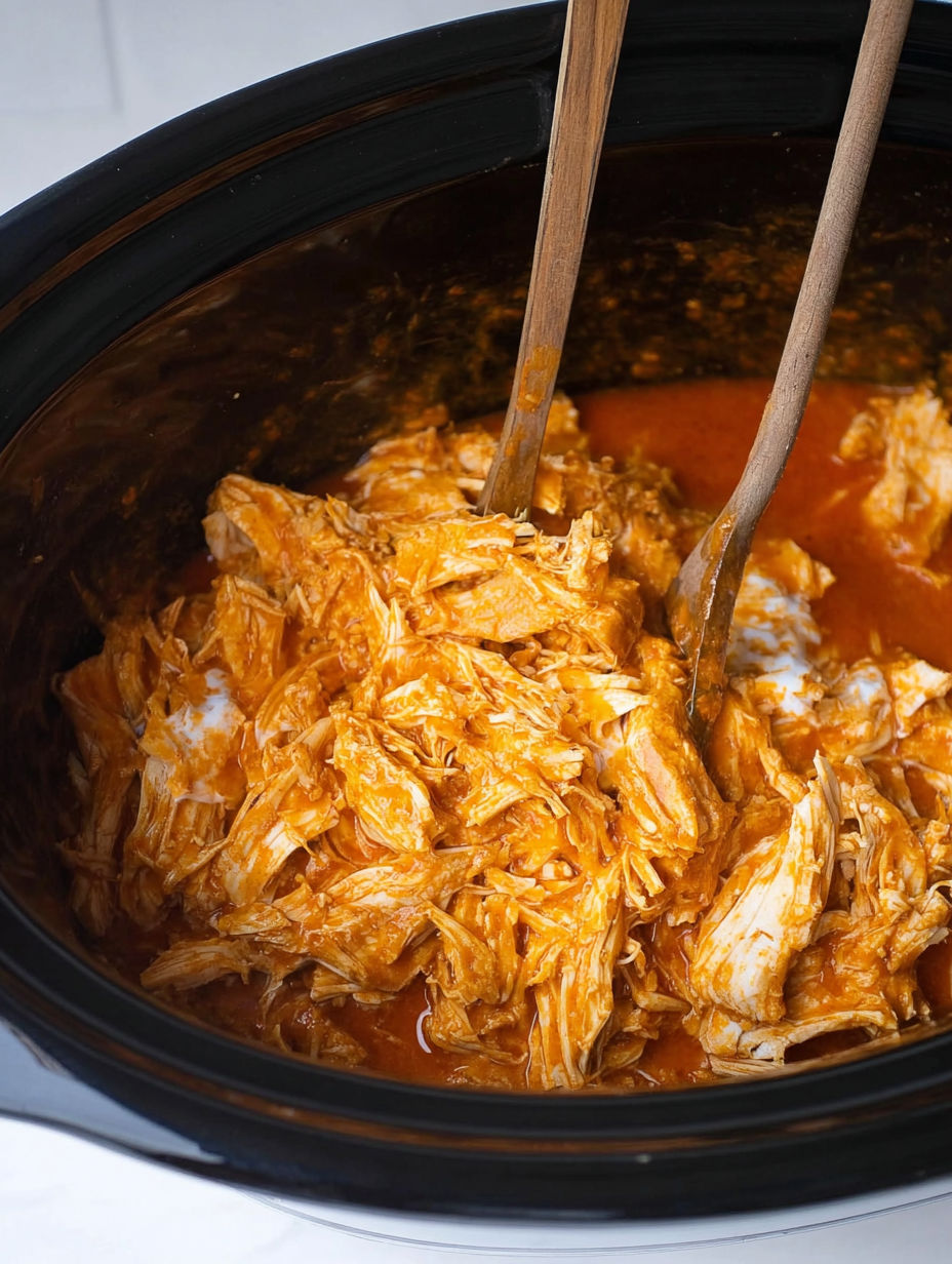 A close up of a crock pot with chicken in it.