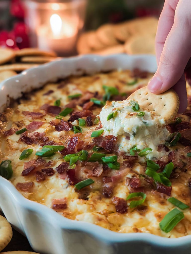 A hand is grabbing a cracker from a bowl of bacon dip.