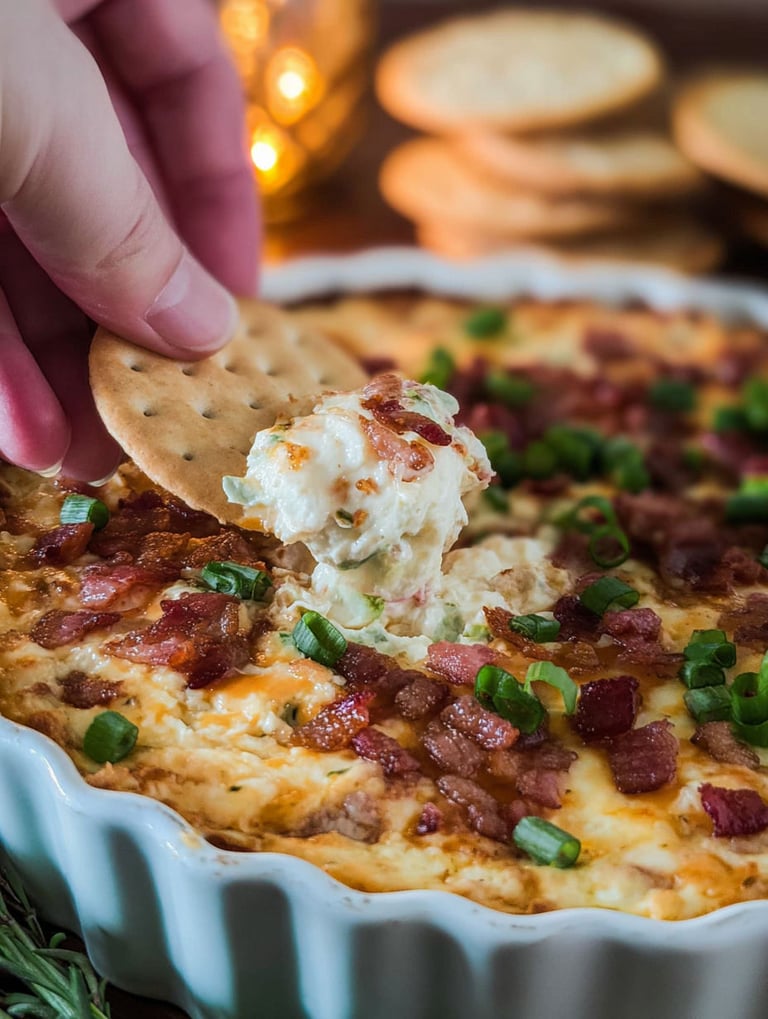 A person is holding a cracker with a bite of bacon dip on it.