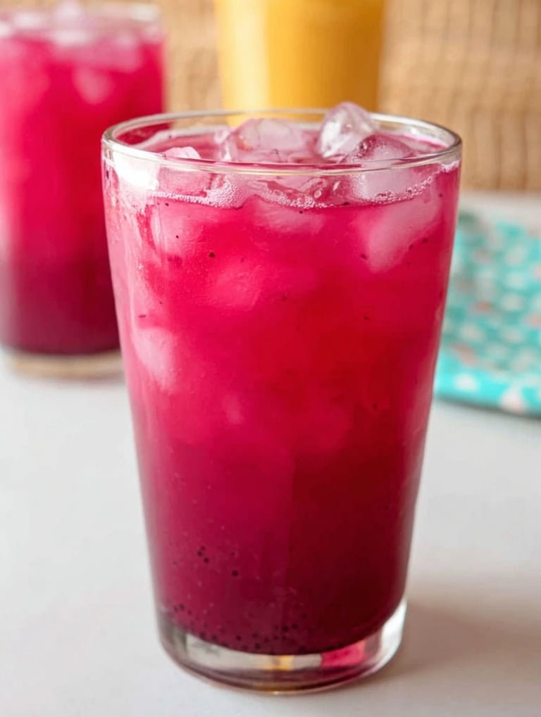A glass of mango dragon fruit lemonade.
