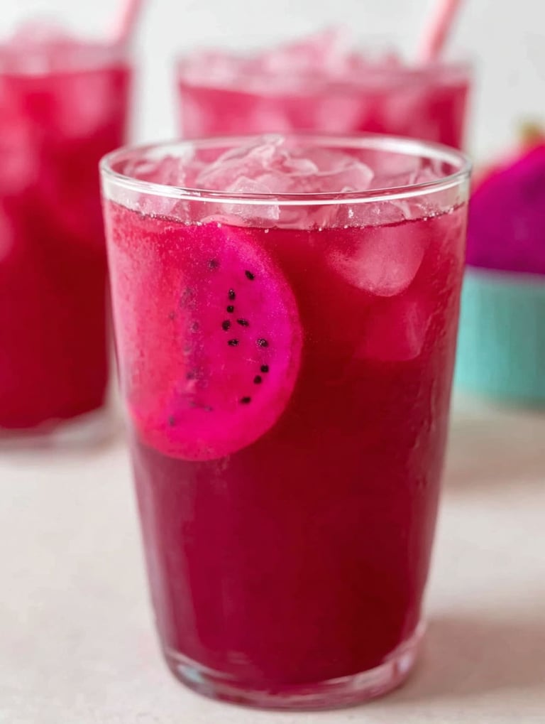 A glass of pink drink with a slice of dragon fruit in it.