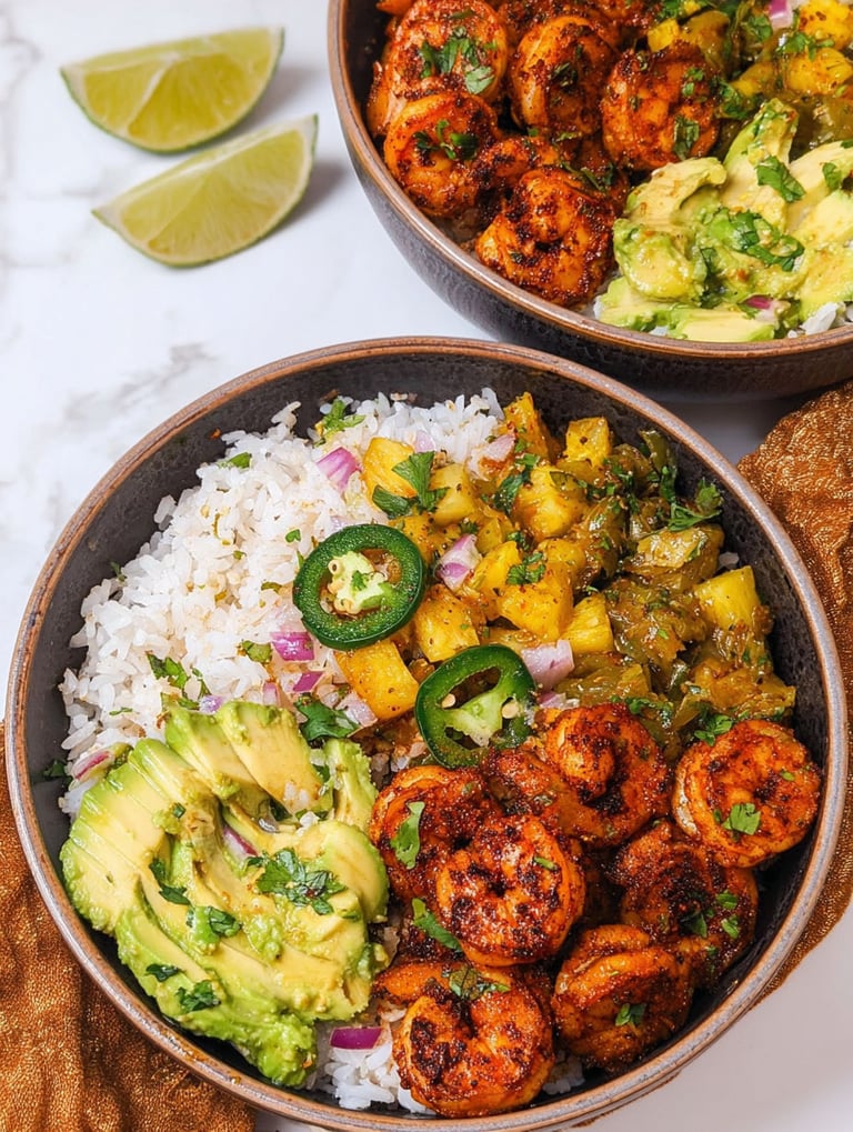 A bowl of food with shrimp, rice, and pineapple salsa.