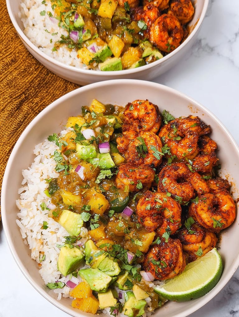 A bowl of blackened shrimp with pineapple salsa.