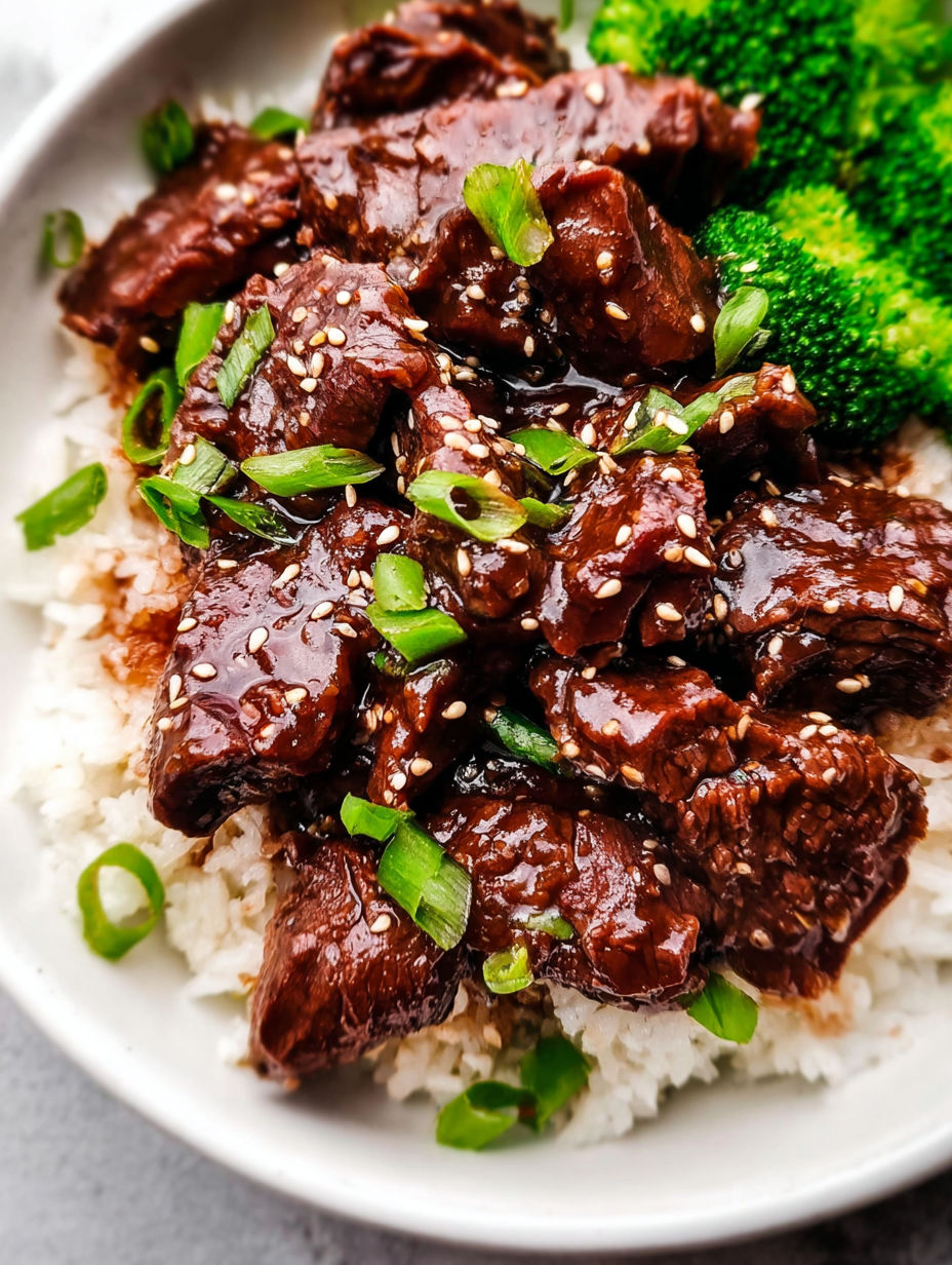 A plate of slow cooker Korean beef with rice and broccoli.