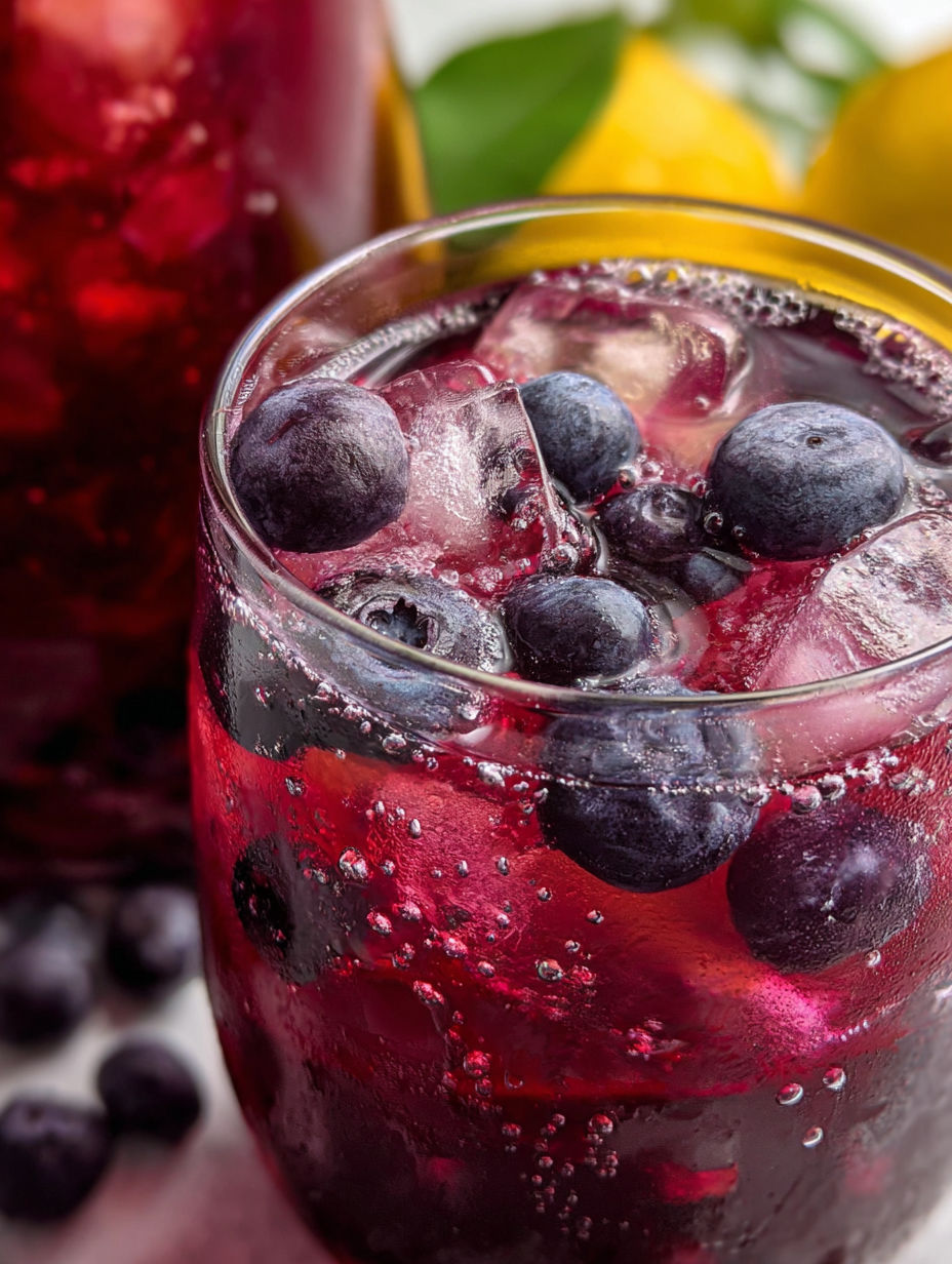A glass of blueberry iced tea with a slice of lemon.