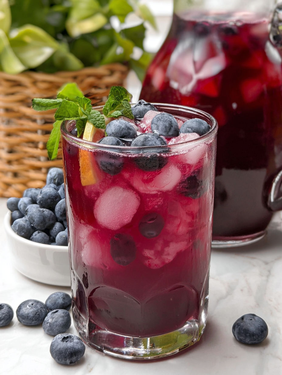 A glass of iced tea with blueberries in it.