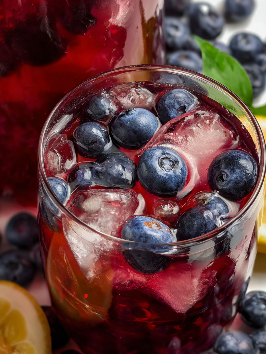 A glass of iced tea with blueberries in it.