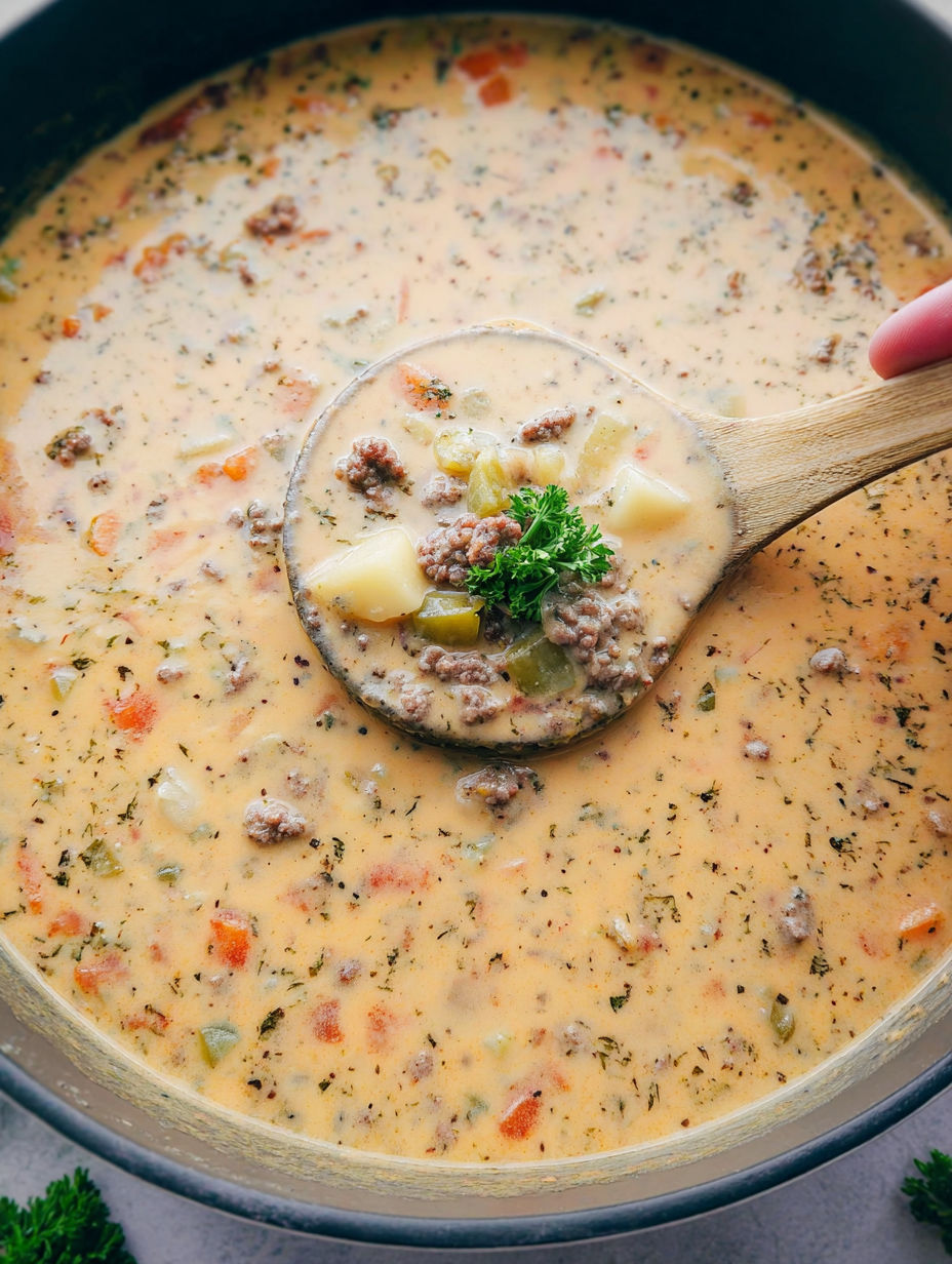 A spoon is in a pot of soup.
