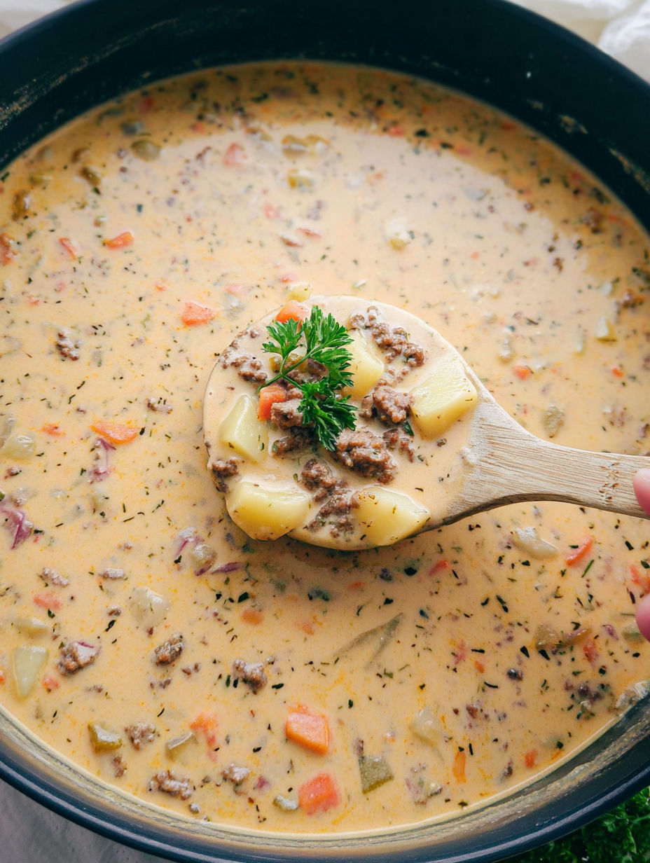 A spoon is in a pot of soup.