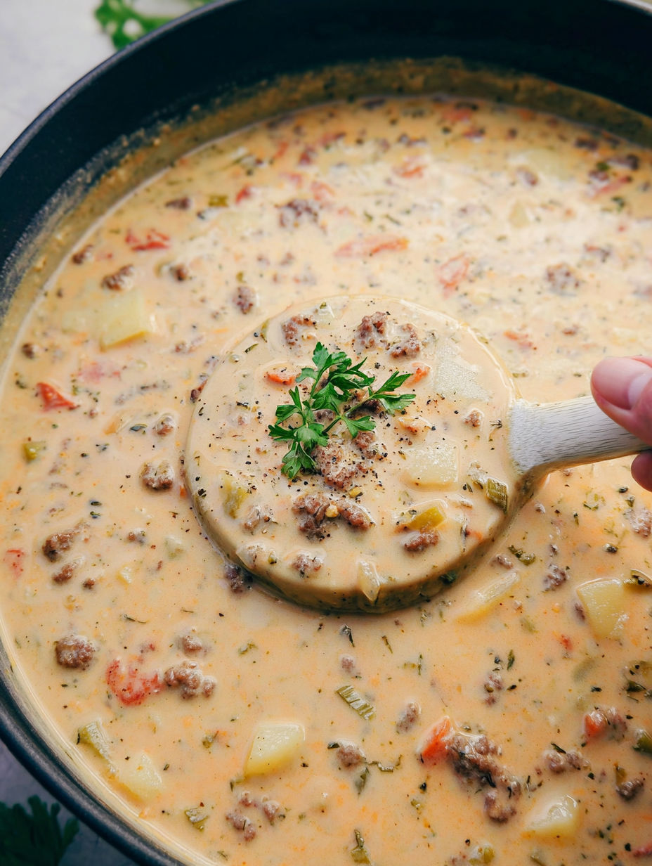 A person is scooping up some soup.