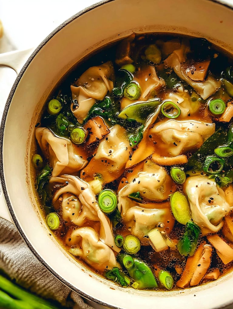 A bowl of savory potstickers with bok choy.
