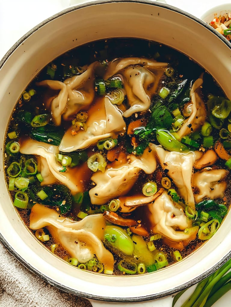 A bowl of savory potstickers with bok choy.