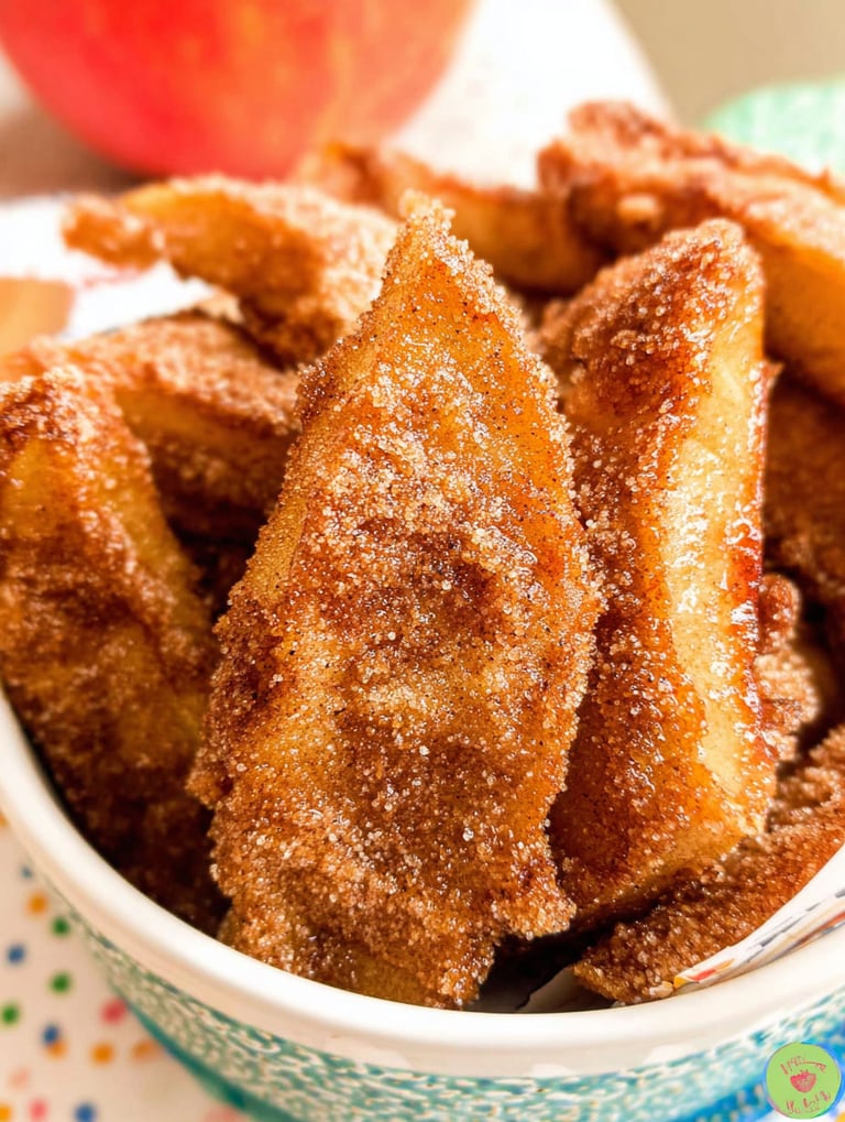 A bowl of crispy air fryer apple fries.