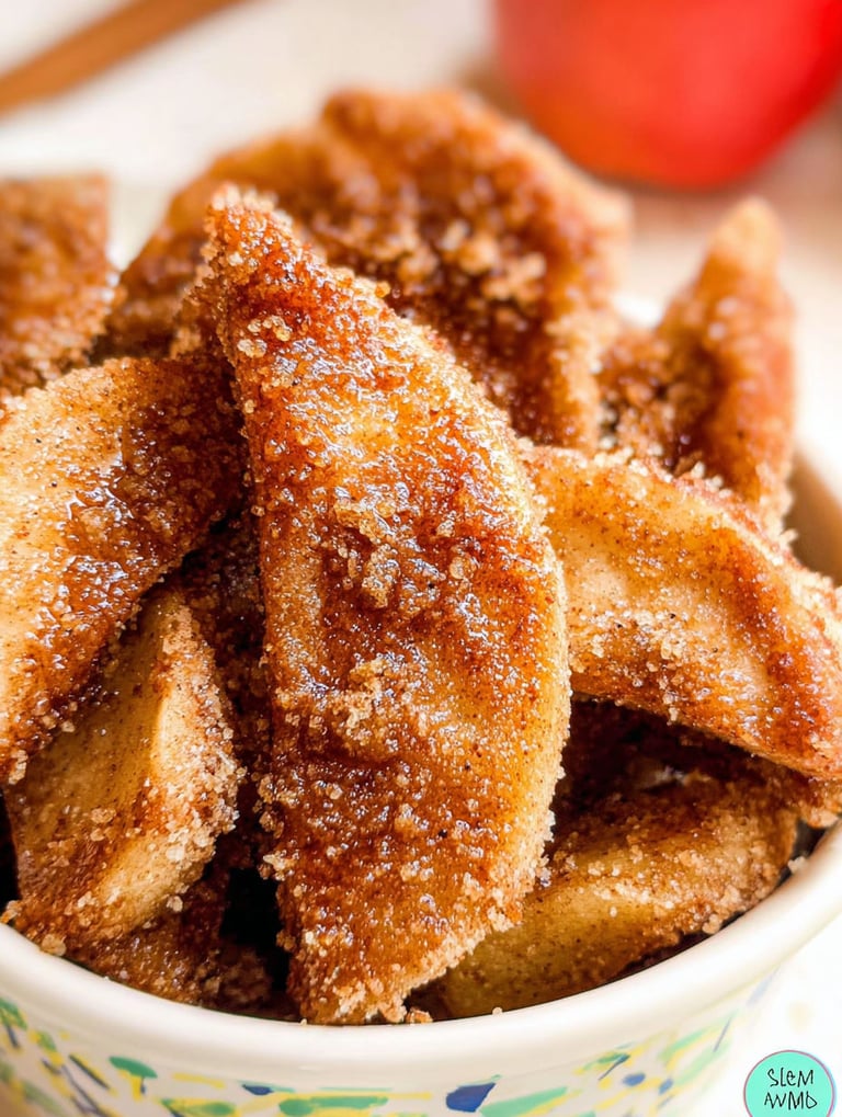 A bowl of crispy air fryer apple fries.