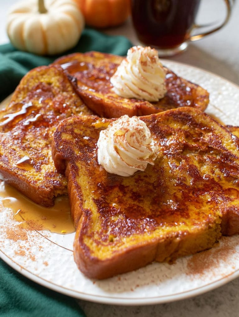 French toast with whipped cream and pumpkin.
