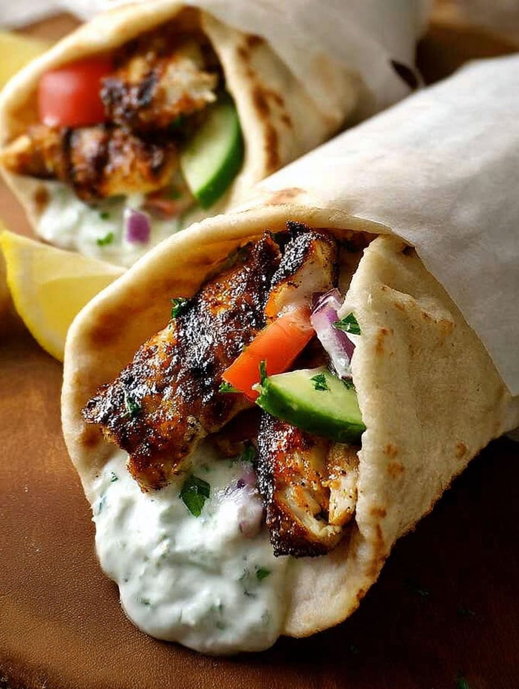 Two gyro wraps filled with chicken and vegetables.