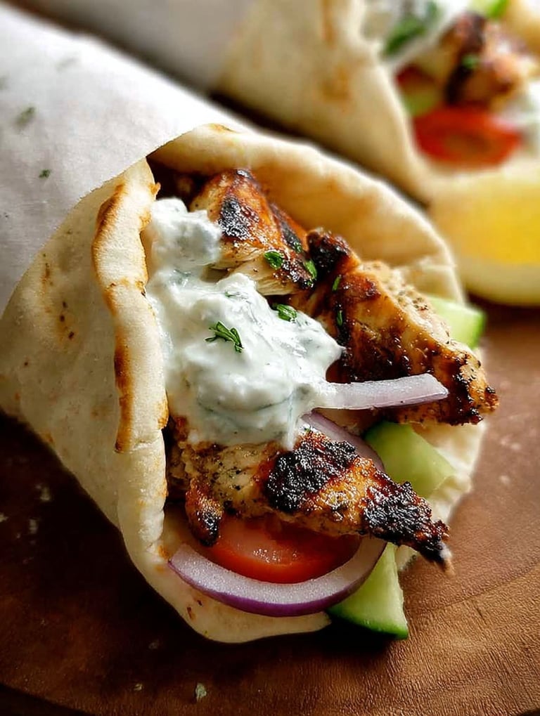 A gyro with chicken and vegetables.