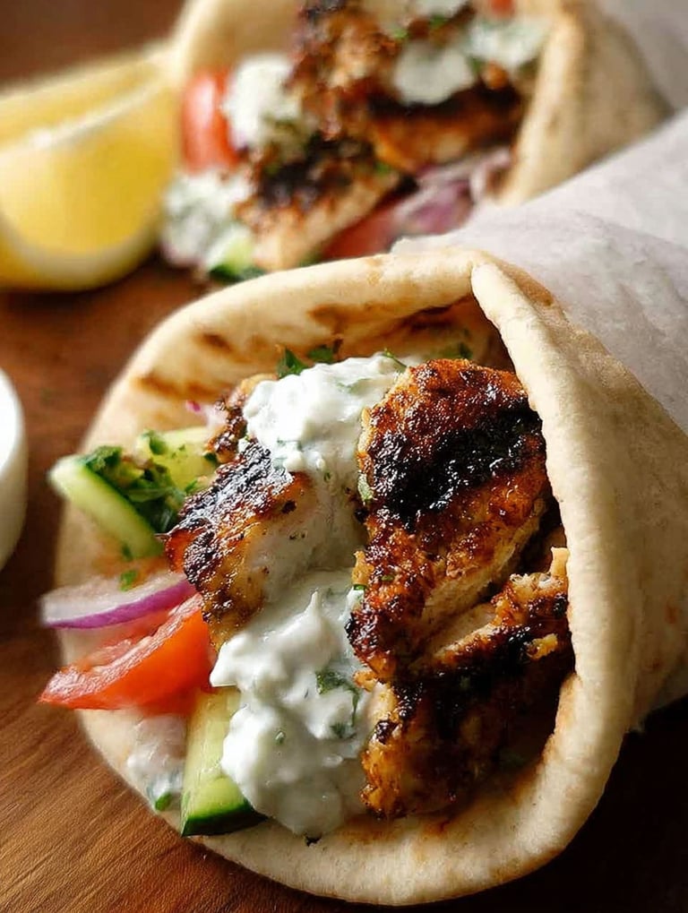 A gyro with chicken and vegetables.