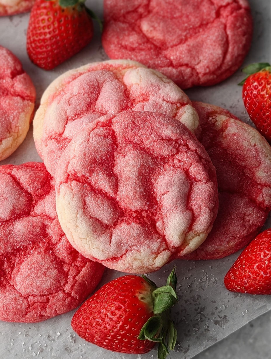 A plate of red sugar cookies with strawberries on top.