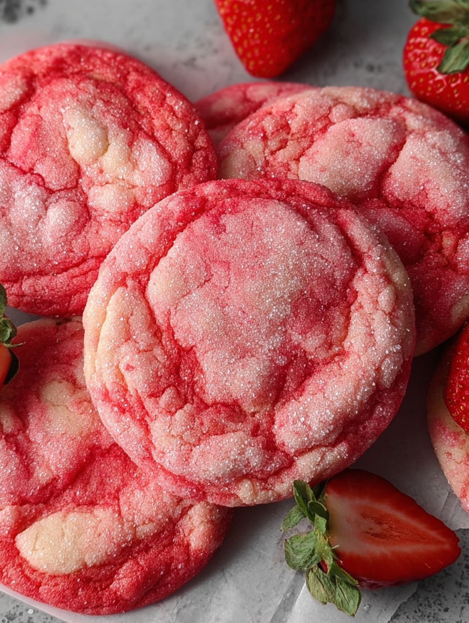 A plate of red sugar cookies with strawberries on top.