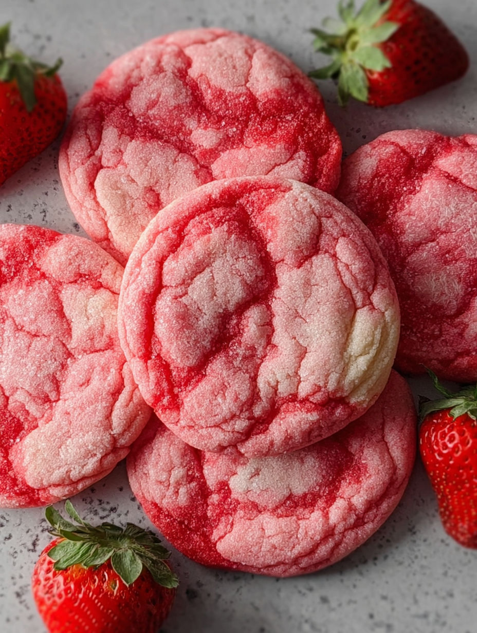 A plate of red sugar cookies with strawberries on top.