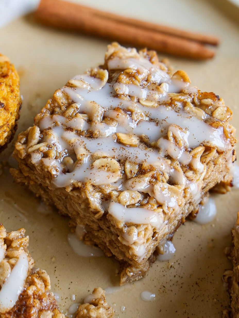 A slice of cinnamon roll oatmeal bake.
