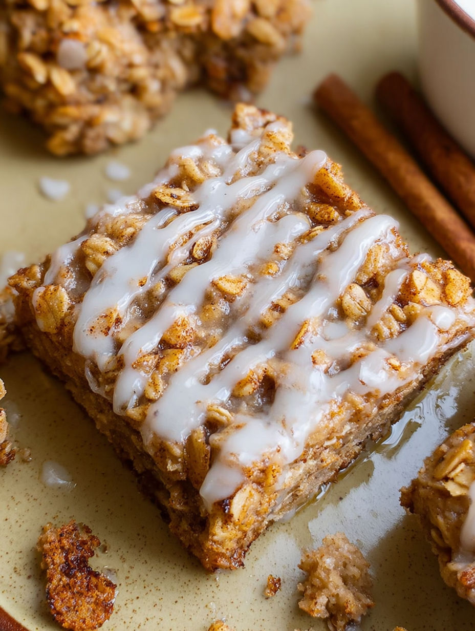 A slice of cinnamon roll oatmeal bake.