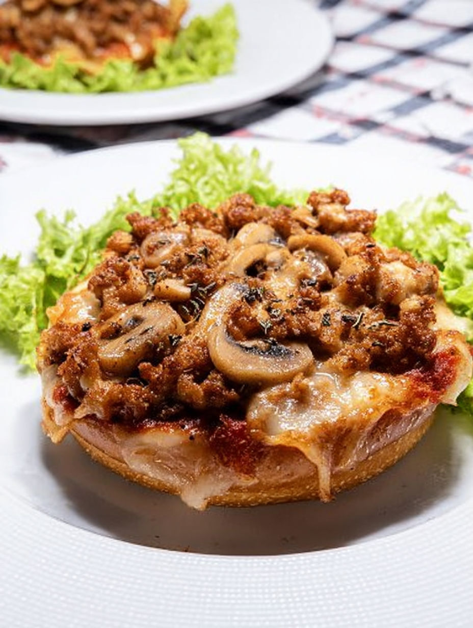 A pizza with mushrooms and meat on top.