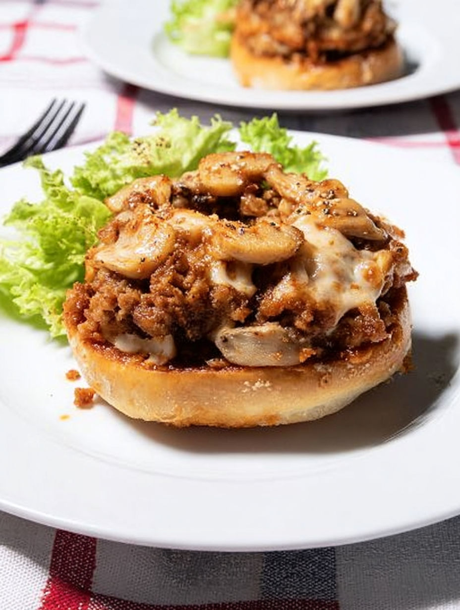 A mushroom burger on a white plate.