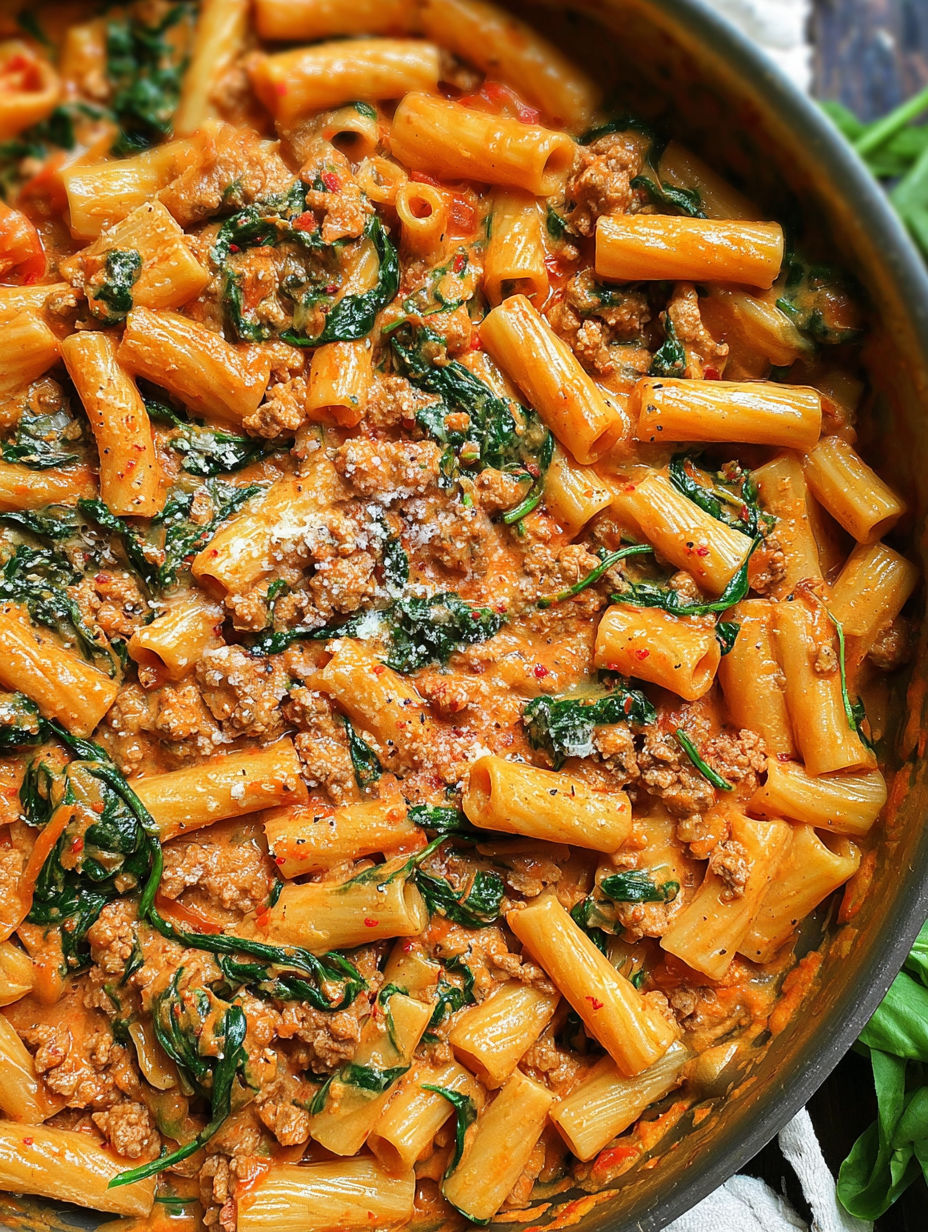 A bowl of creamy sausage rigatoni.