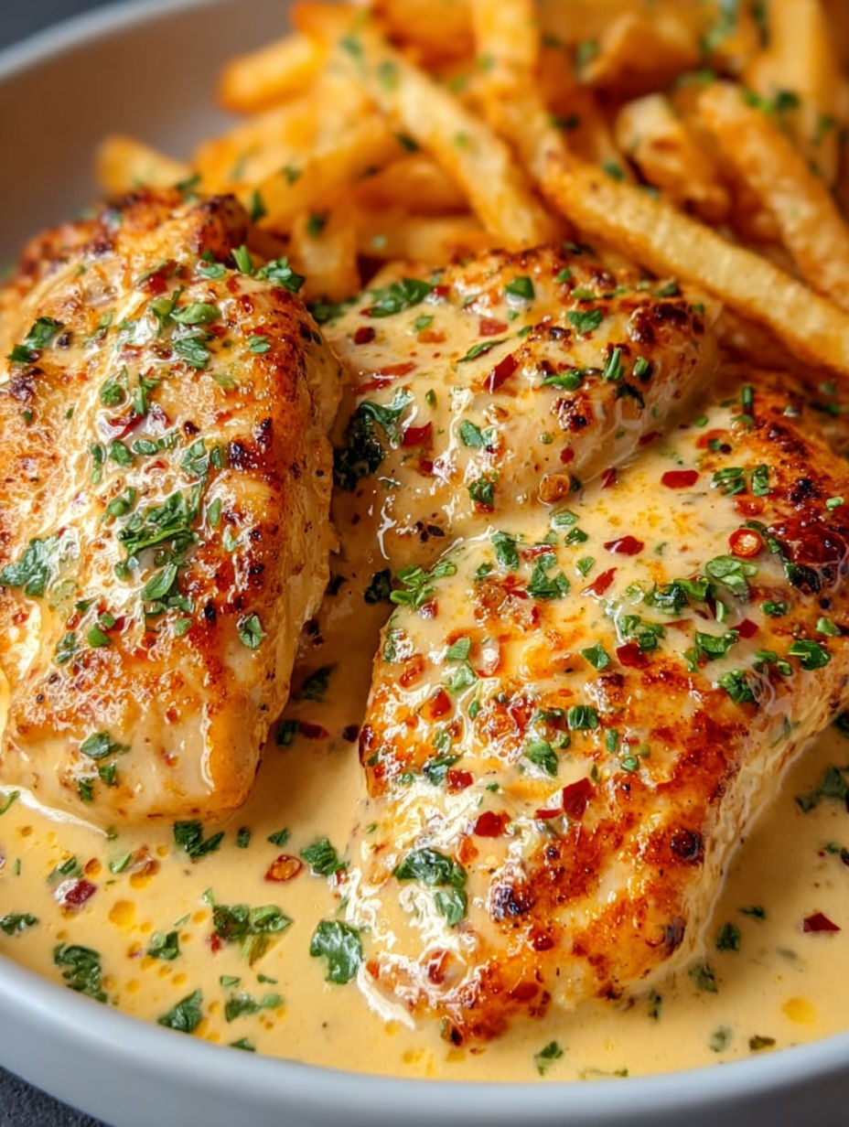 A piece of chicken with a spicy garlic-parmesan sauce.
