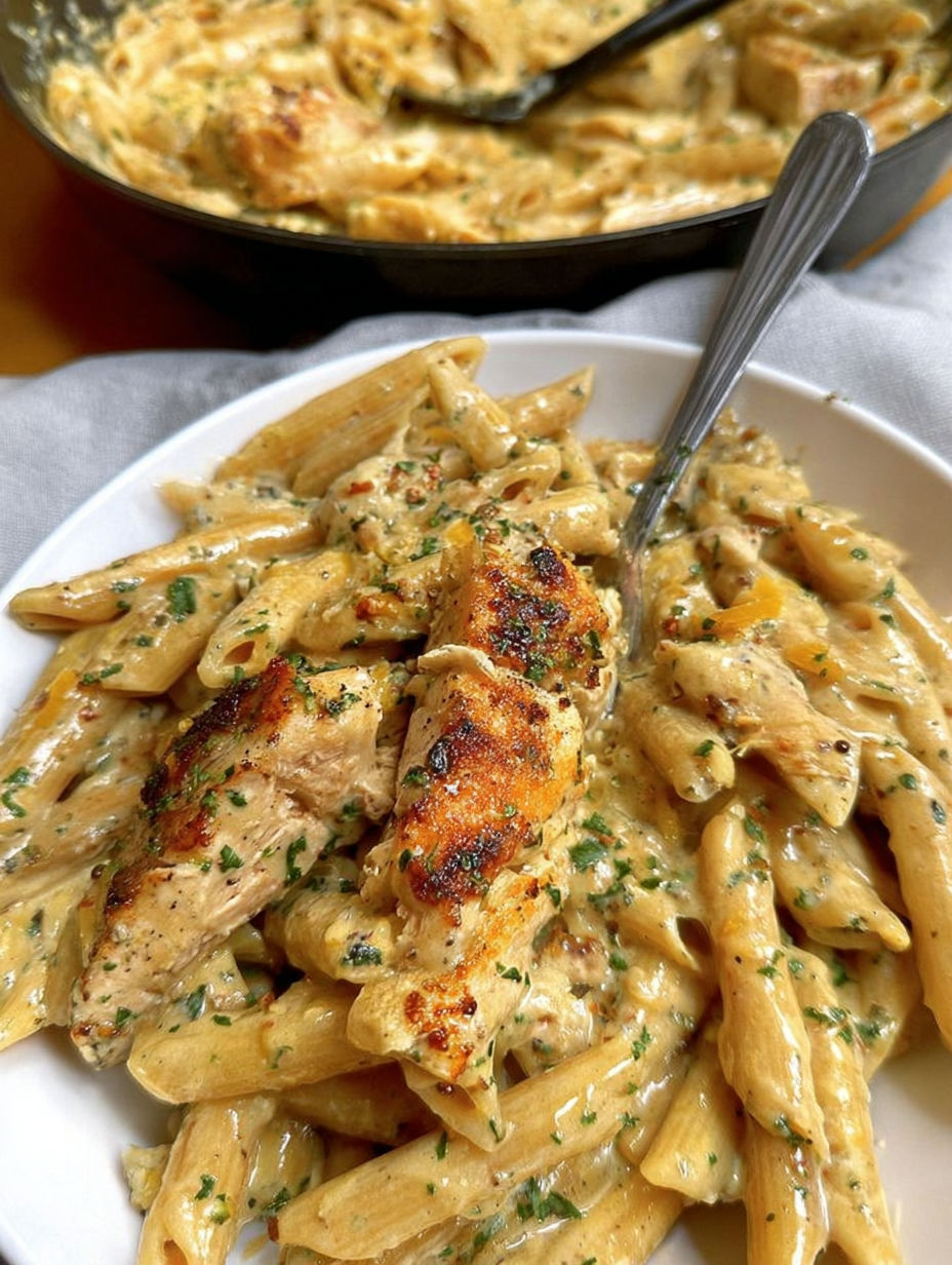 A plate of garlic Parmesan chicken and pasta.