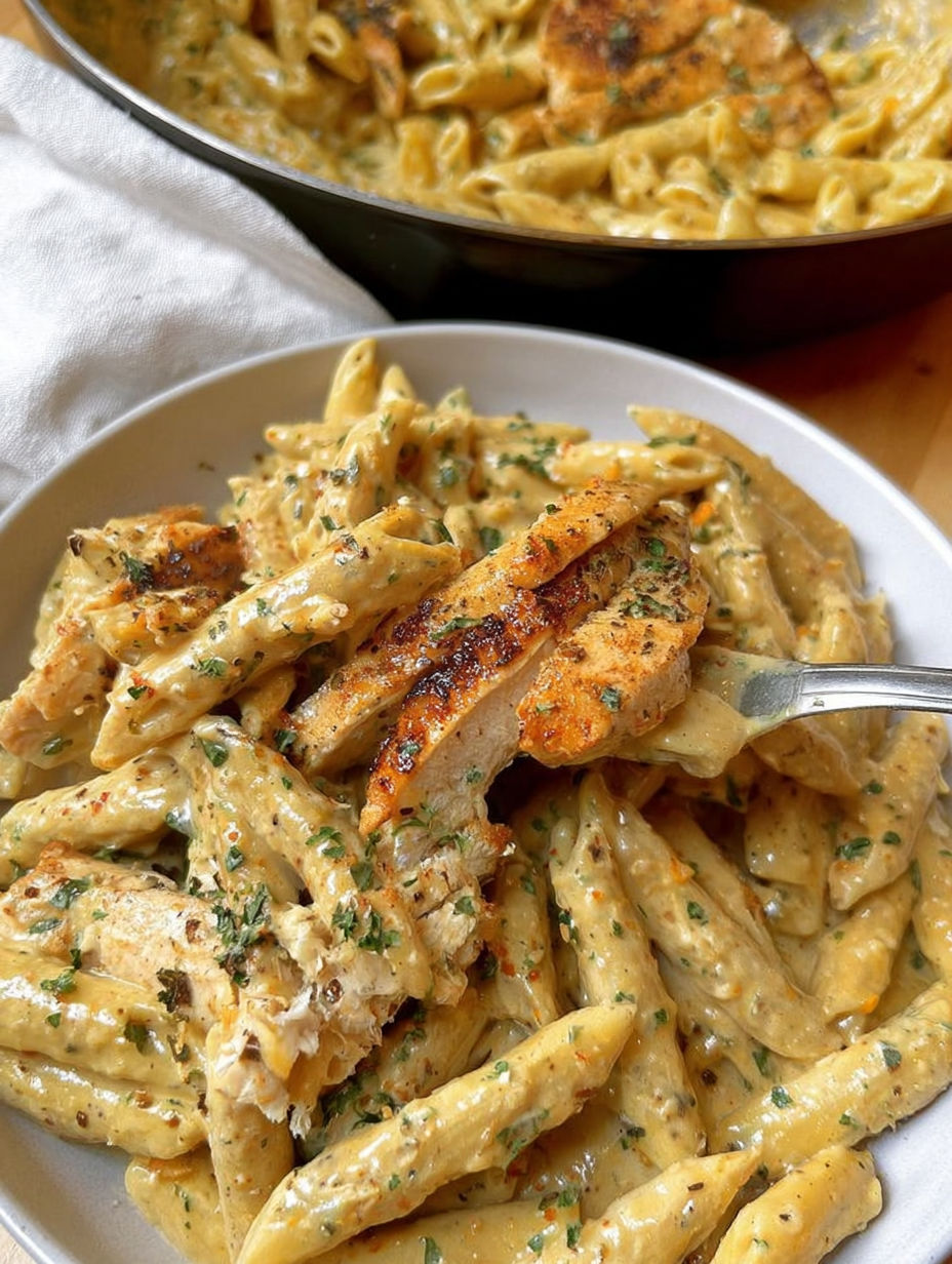 A plate of garlic Parmesan chicken and pasta.