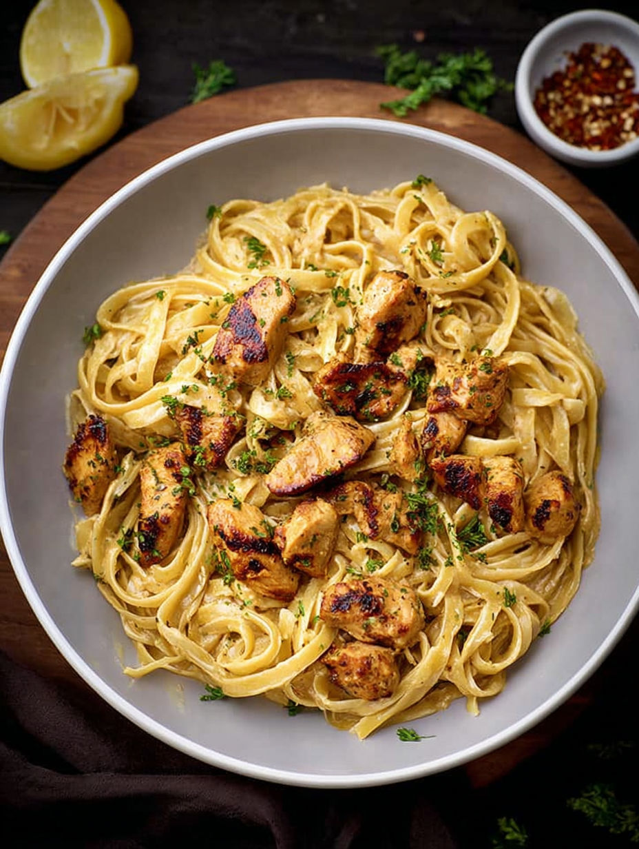 A bowl of pasta with chicken and green herbs.