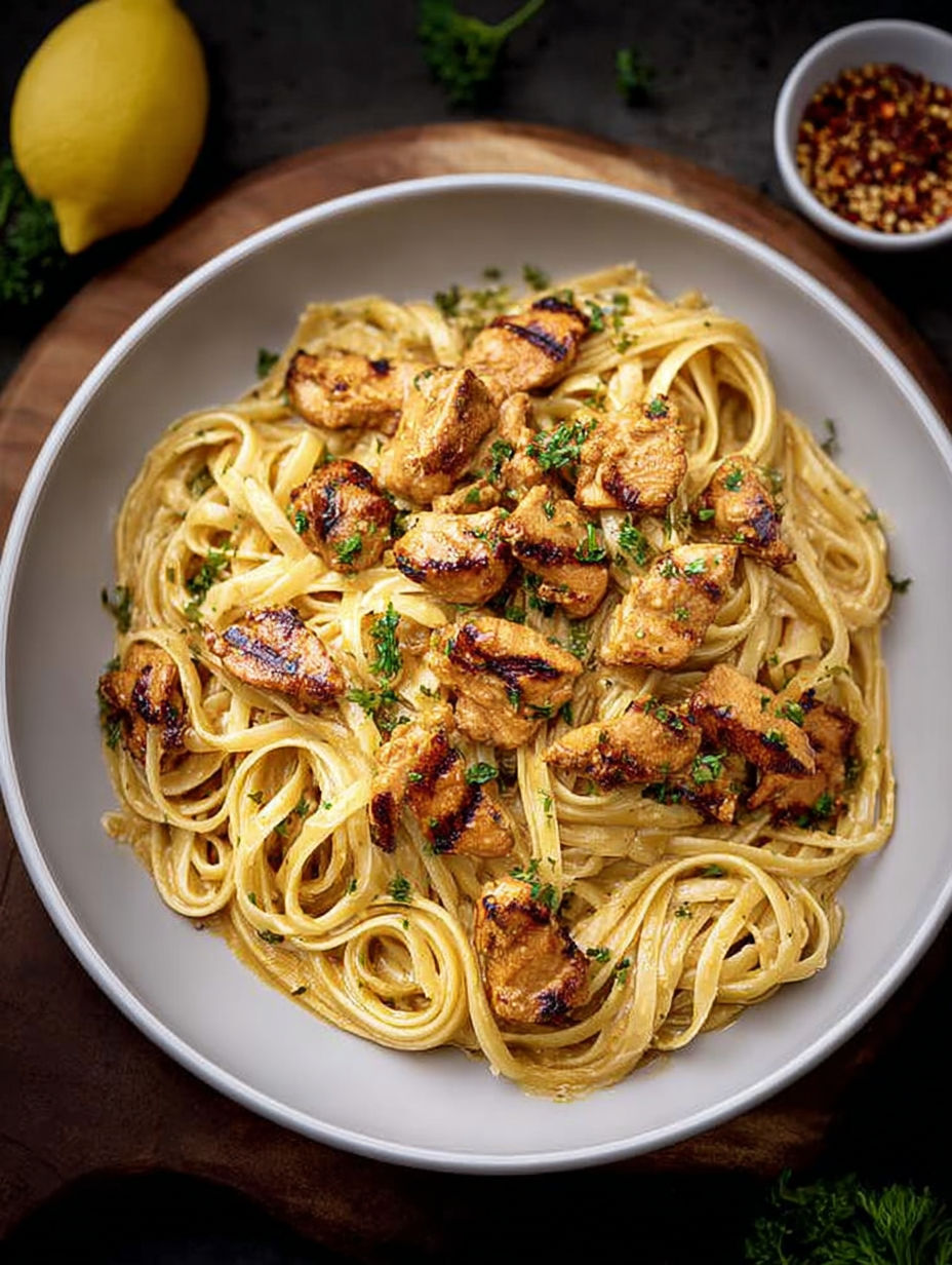 A plate of pasta with chicken and green herbs.