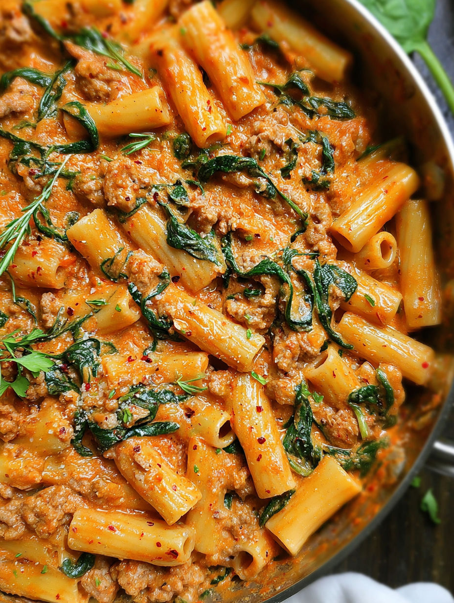 A bowl of rigatoni with sausage and spinach.