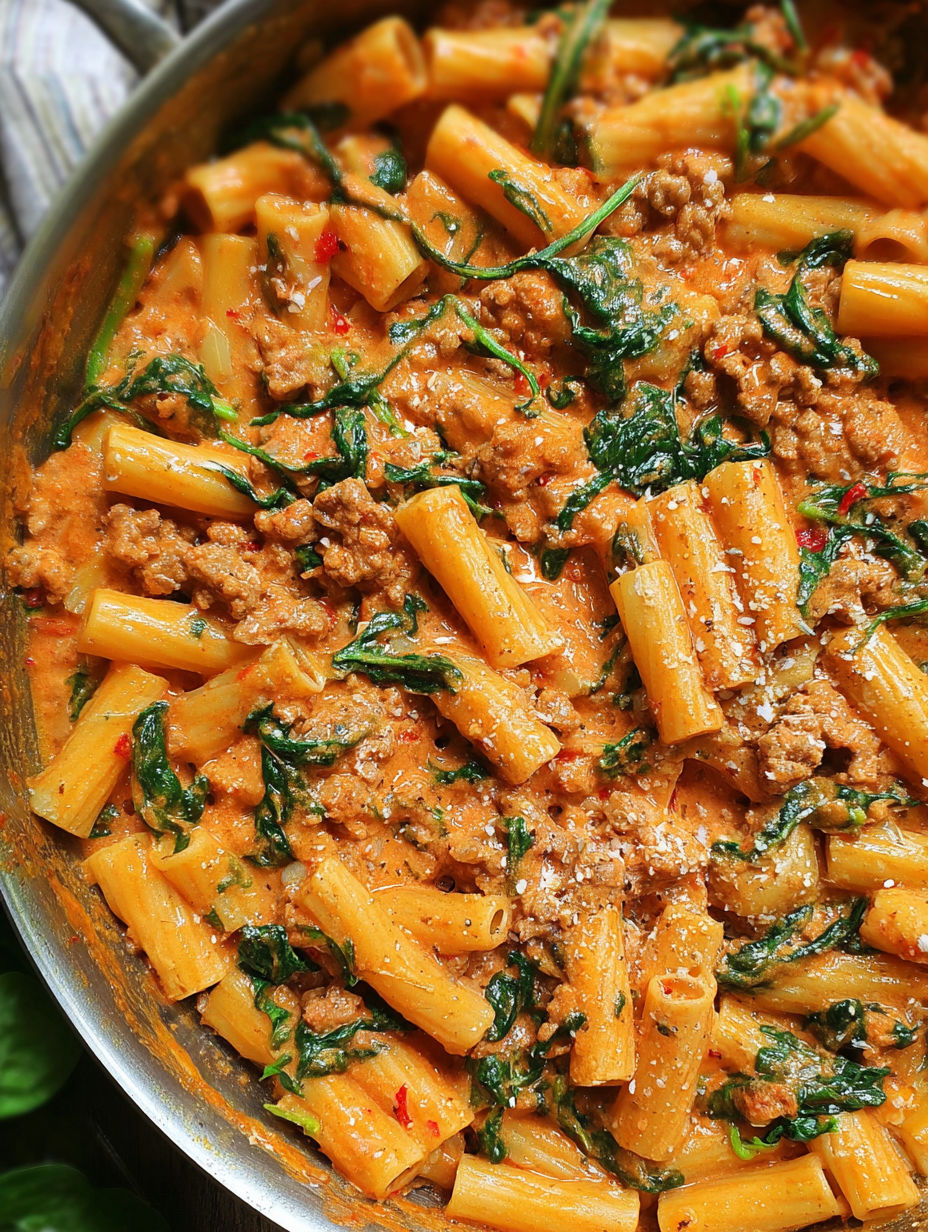 A bowl of creamy sausage rigatoni.