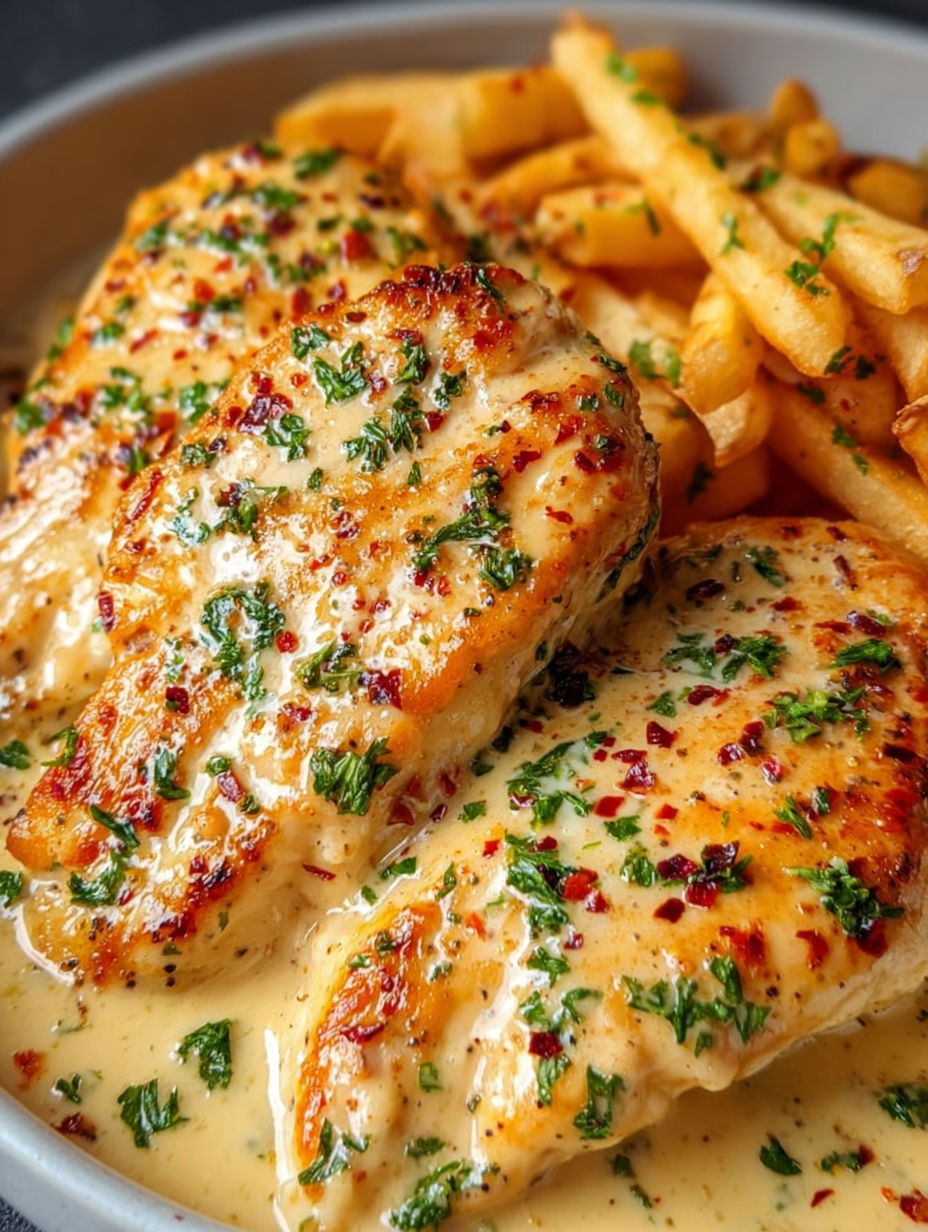 A piece of chicken in a creamy garlic-parmesan sauce.