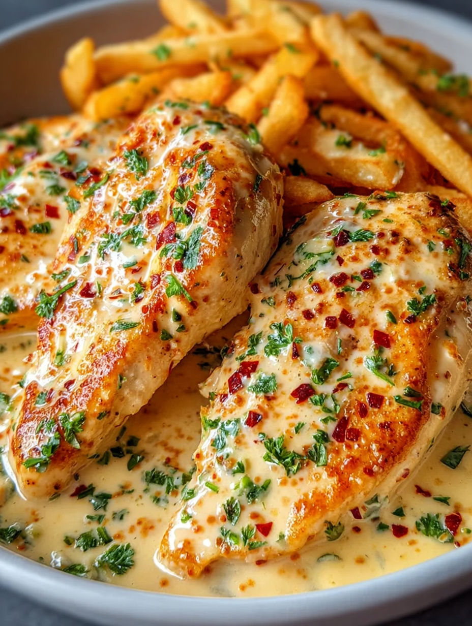 Chicken fillet in spicy creamy garlic Parmesan sauce.