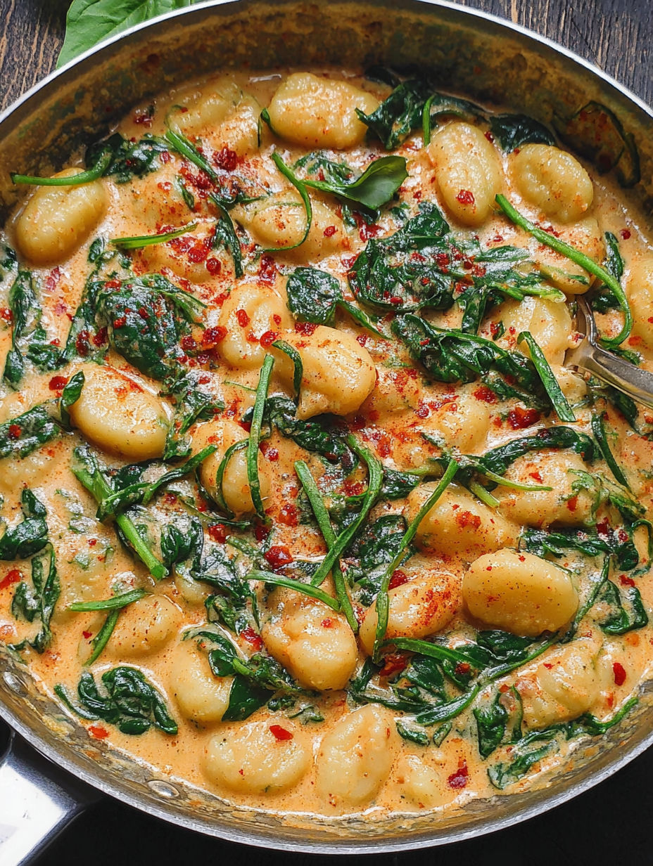 A bowl of food with green vegetables and red peppers.