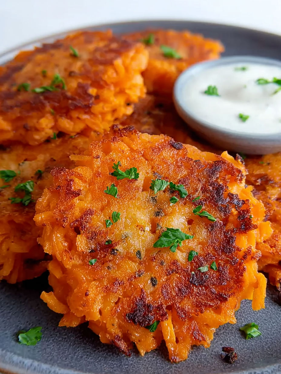 A plate of sweet potato hash browns with a dollop of sour cream on top.
