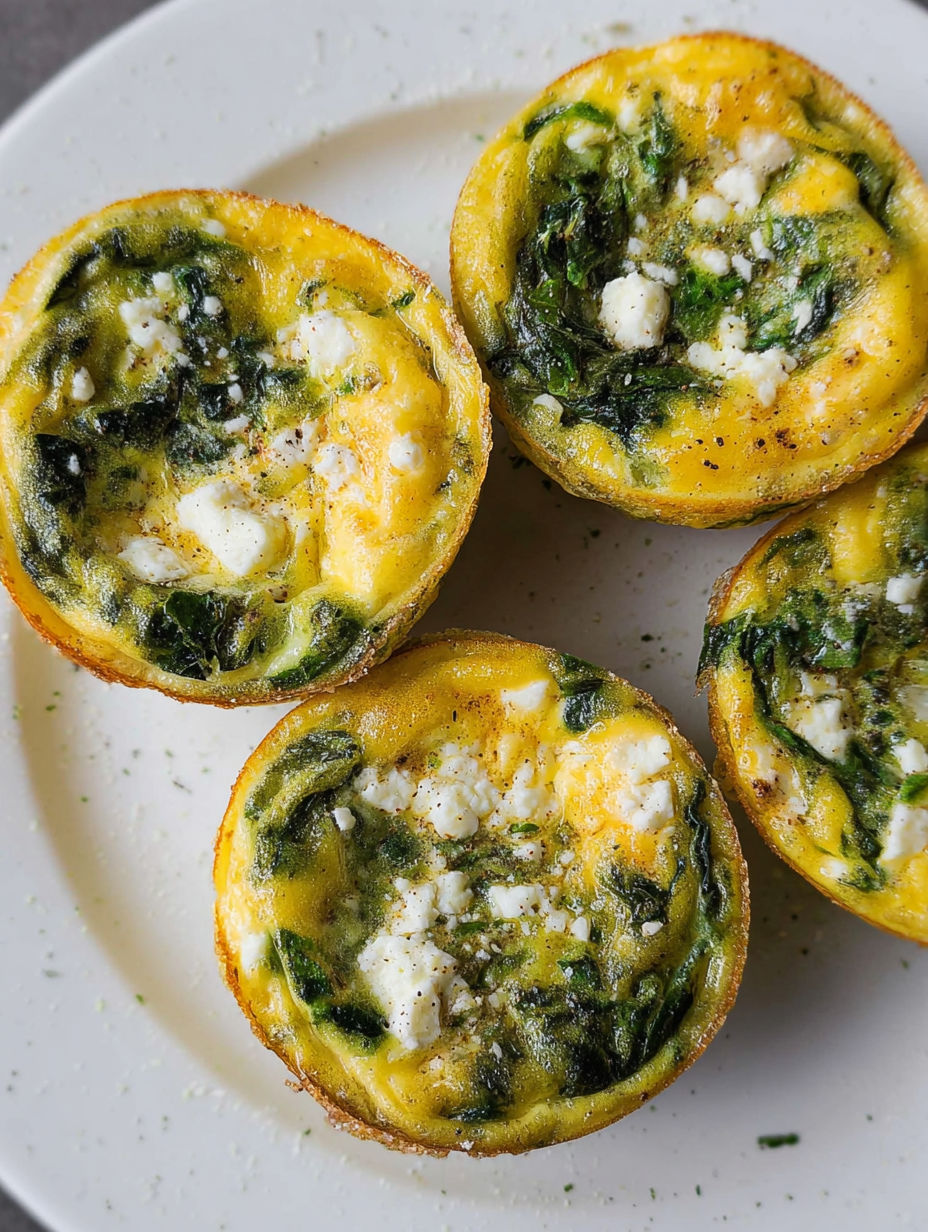 Four spinach and feta muffins on a plate.