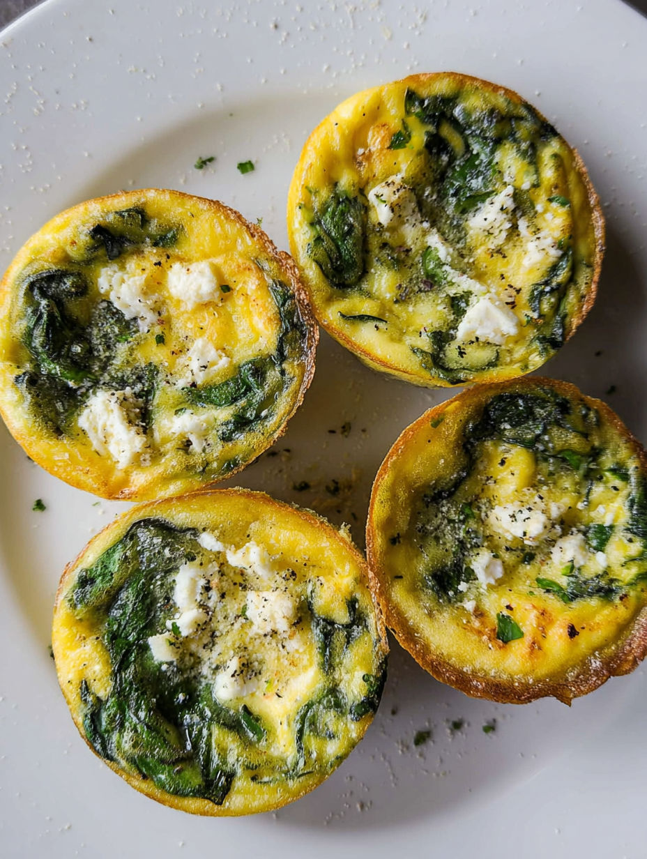Four spinach egg muffins with feta cheese on a plate.