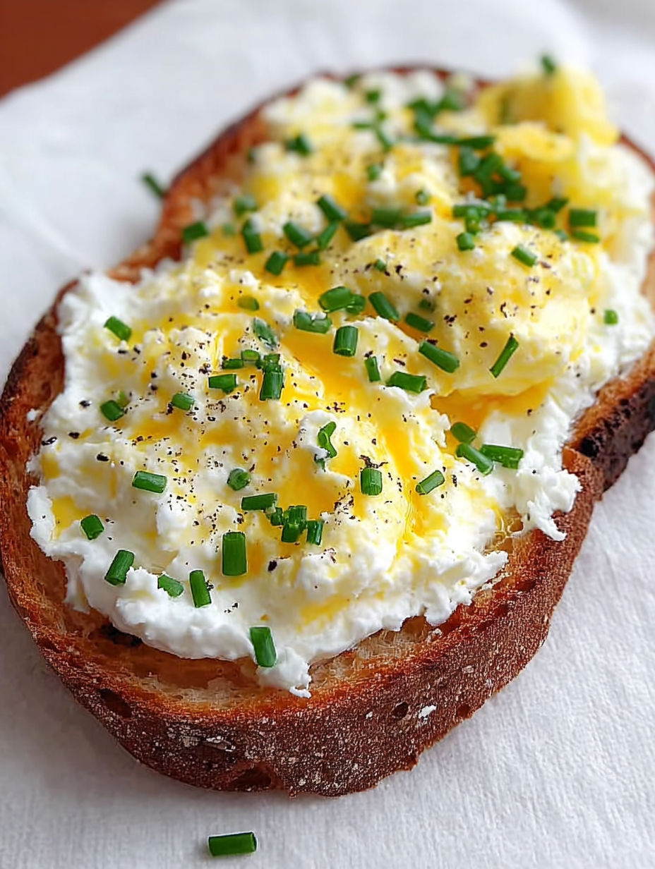 A slice of toast with a fried egg and ricotta cheese on top.